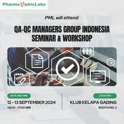 Halo teman-teman PML!

Pharma Metric Labs akan hadir di acara Seminar & Workshop yang bertema Contamination Control Strategy for Sterile Manufacturing According to CPOB and Implementation of Contamination Cause Elimination for Non-Sterile Manufacturing. Acara ini diadakan oleh QA-QC Managers Group Indonesia pada:

🗓 12 - 13 September 2024
⏰️ 8:00 - 17:00 WIB
📍Klub Kelapa Gading, Booth no. 2

Sampai bertemu di acaranya!

#qualityassurance #qualitycontrol #pharmametriclabs #cro #ork